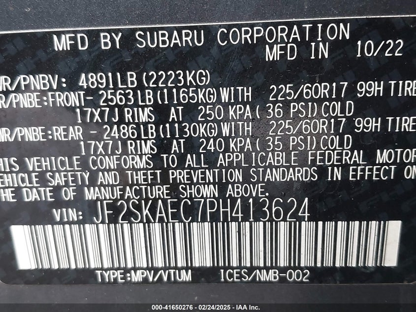 2023 SUBARU FORESTER VIN: JF2SKAEC7PH413624