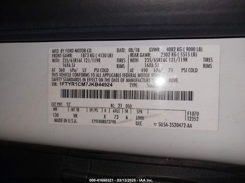 2018 Ford Transit-250 VIN: 1FTYR1CM7JKB44924 Lot: 41650321