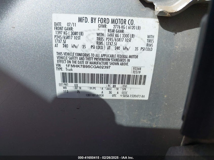 2012 FORD EXPLORER VIN: 1FMHK7B95CGA02397