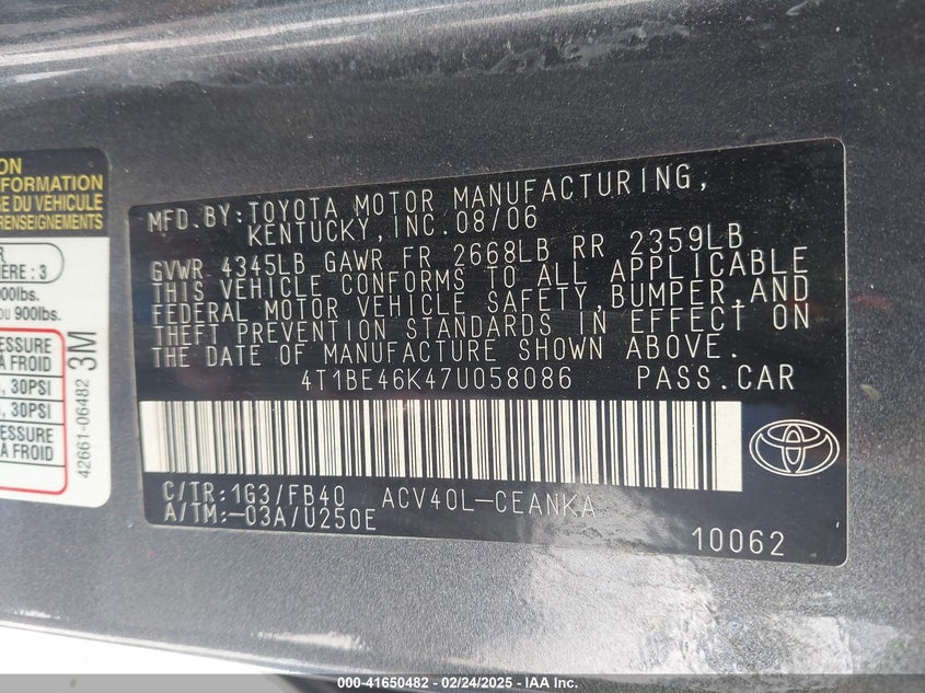 2007 TOYOTA CAMRY VIN: 4T1BE46K47U058086
