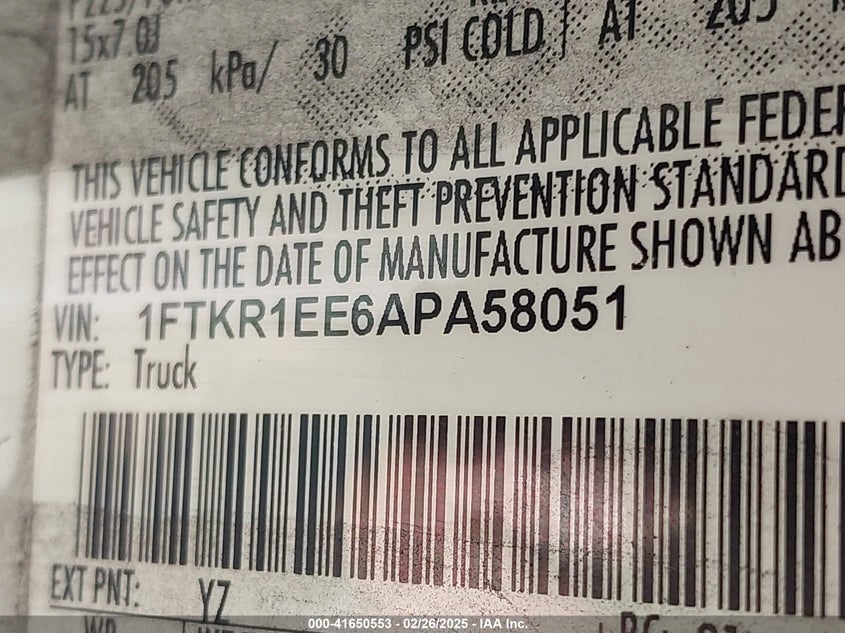 2010 FORD RANGER VIN: 1FTKR1EE6APA58051