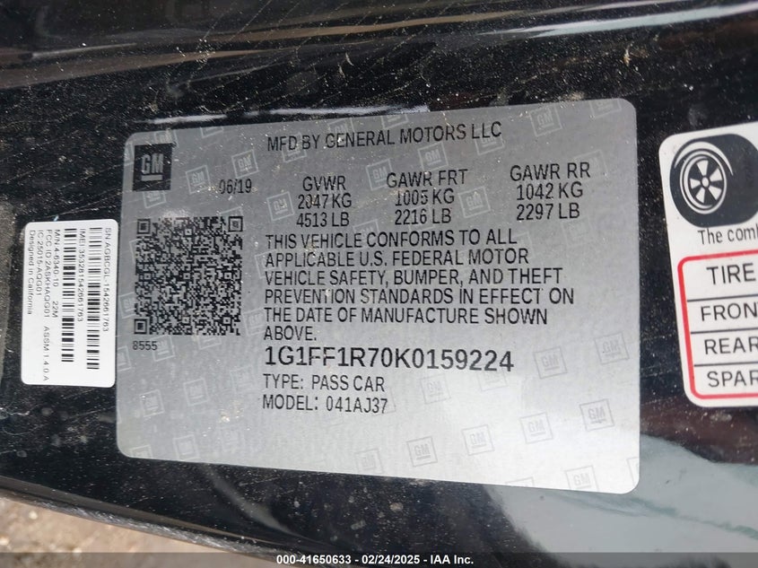 2019 CHEVROLET CAMARO VIN: 1G1FF1R70K0159224