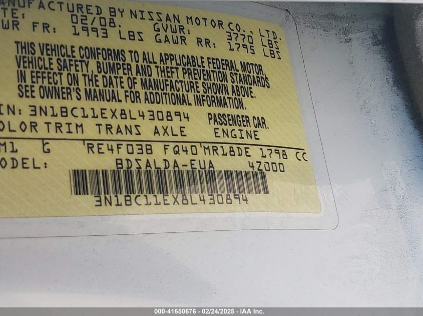 2008 Nissan Versa 1.8S VIN: 3N1BC11EX8L430894 Lot: 41650676