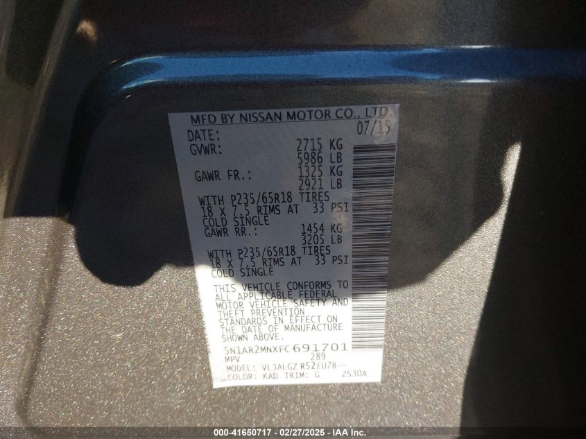 2015 Nissan Pathfinder Platinum/S/Sl/Sv VIN: 5N1AR2MNXFC691701 Lot: 41650717