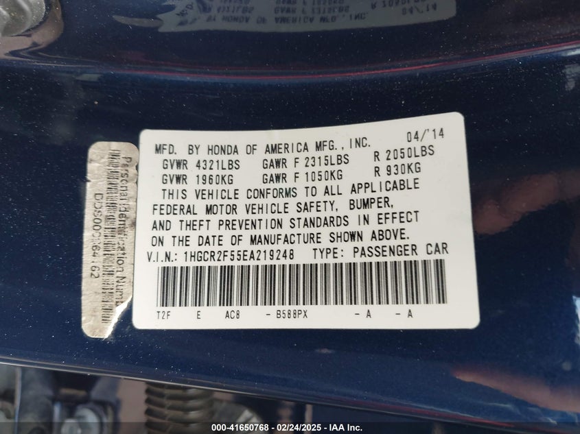 2014 HONDA ACCORD VIN: 1HGCR2F55EA219248