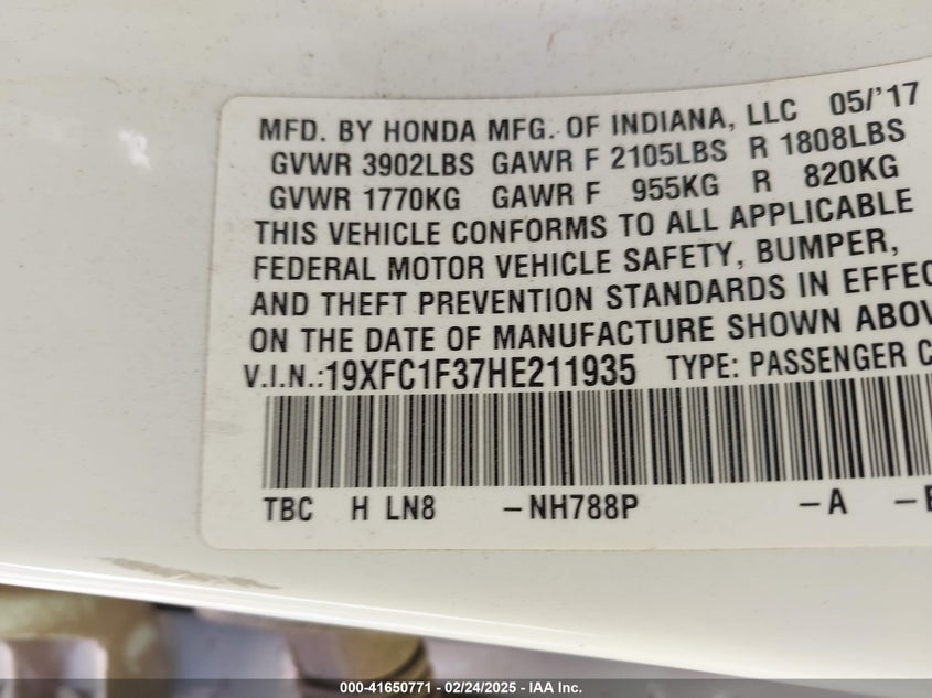 2017 HONDA CIVIC VIN: 19XFC1F37HE211935