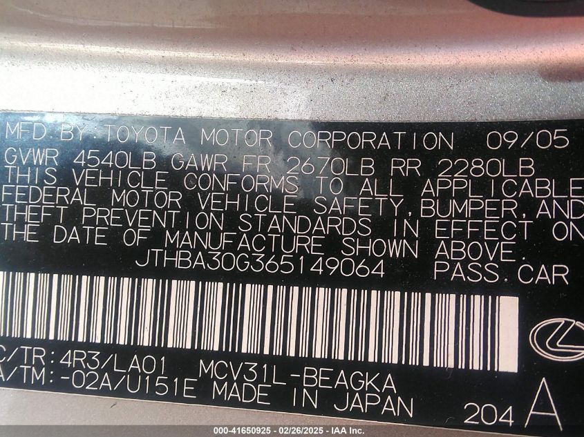 2006 Lexus Es 330 VIN: JTHBA30G365149064 Lot: 41650925