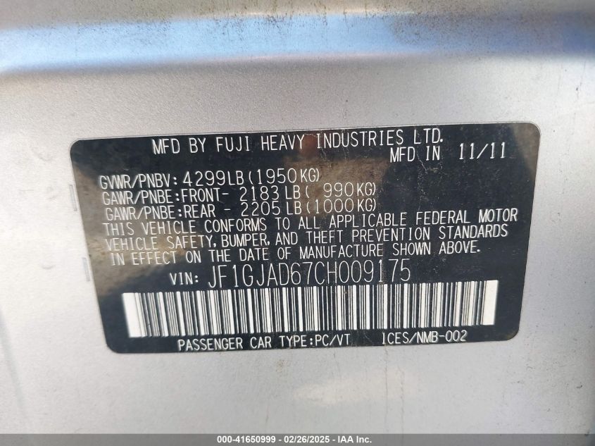 2012 Subaru Impreza 2.0I Premium VIN: JF1GJAD67CH009175 Lot: 41650999