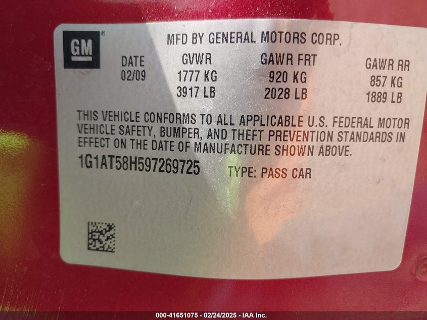 2009 CHEVROLET COBALT VIN: 1G1AT58H597269725