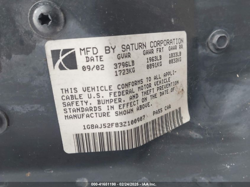 2003 Saturn Ion 2 VIN: 1G8AJ52F83Z100907 Lot: 41651198