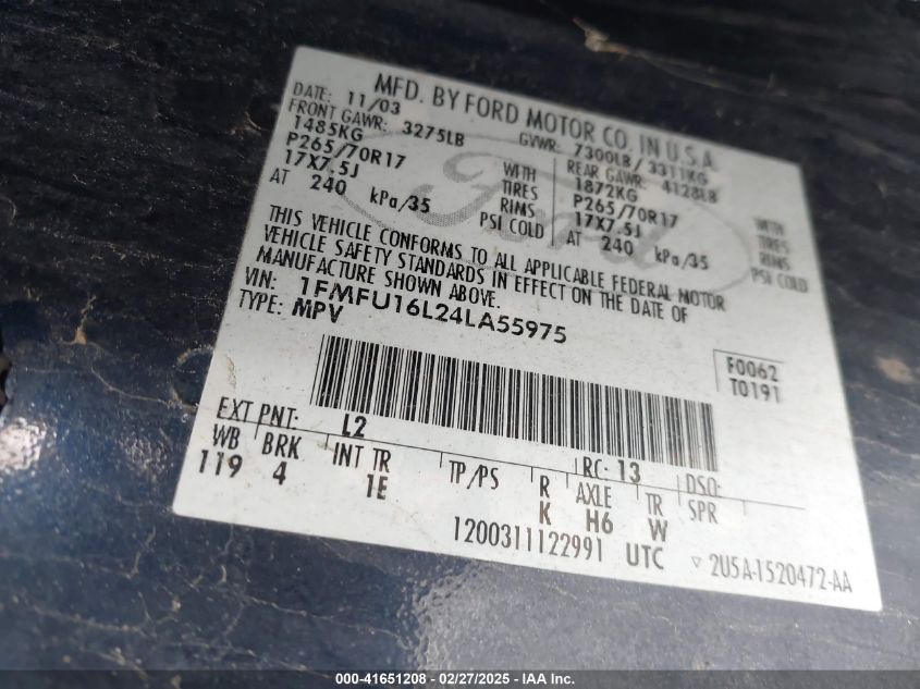 2004 Ford Expedition Nbx/Xlt VIN: 1FMFU16L24LA55975 Lot: 41651208