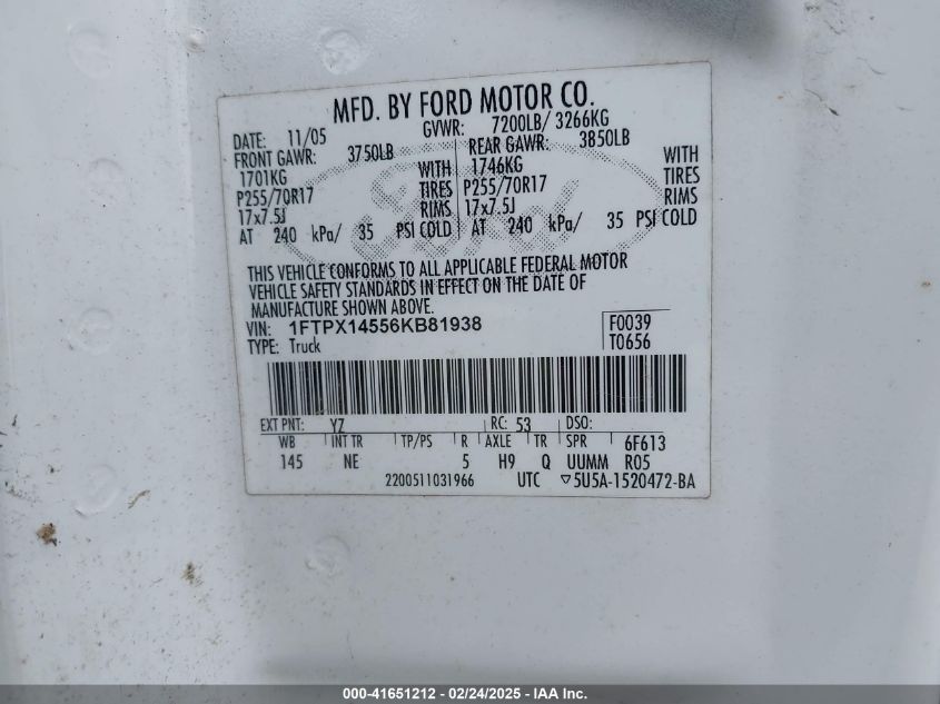 2006 Ford F-150 Fx4/Lariat/Xl/Xlt VIN: 1FTPX14556KV81938 Lot: 41651212