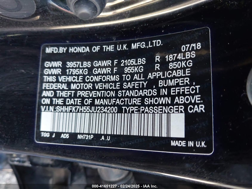 2018 HONDA CIVIC VIN: SHHFK7H55JU234200