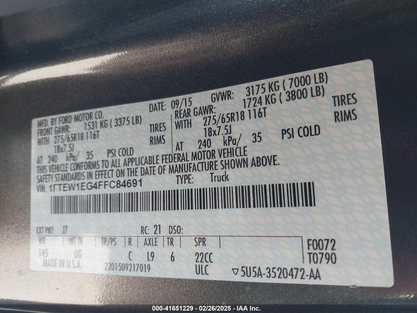 2015 FORD F-150 VIN: 1FTEW1EG4FFC84691