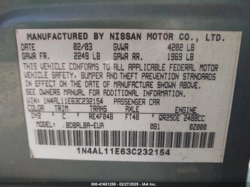 2003 Nissan Altima 2.5 Sl VIN: 1N4AL11E63C232154 Lot: 41651258