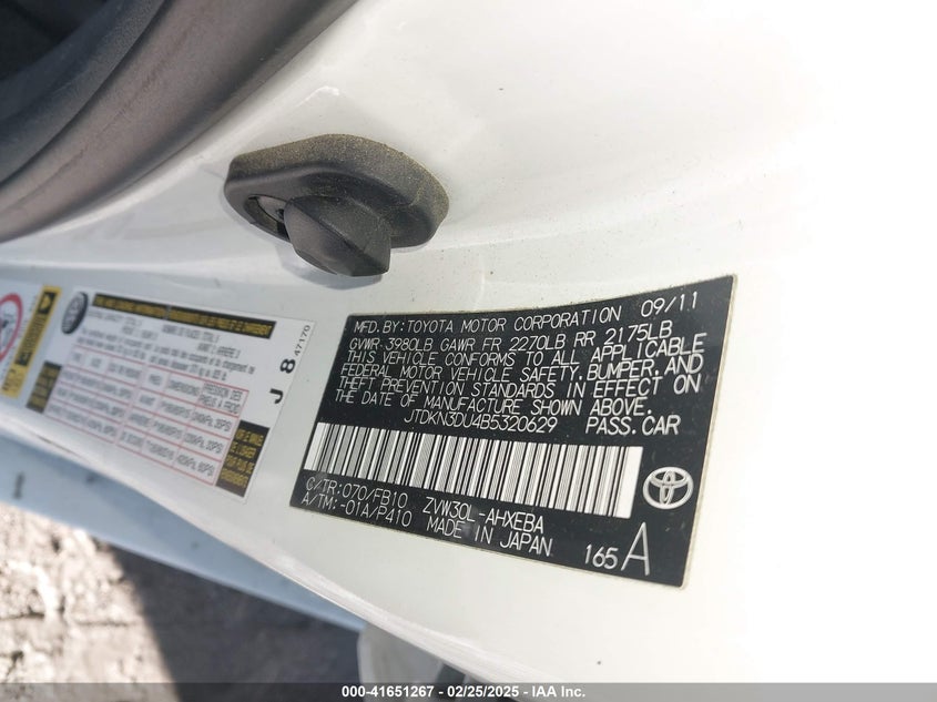 2011 TOYOTA PRIUS VIN: JTDKN3DU4B5320629