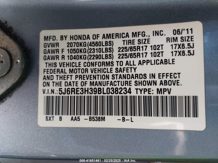 2011 HONDA CR-V VIN: 5J6RE3H39BL038234