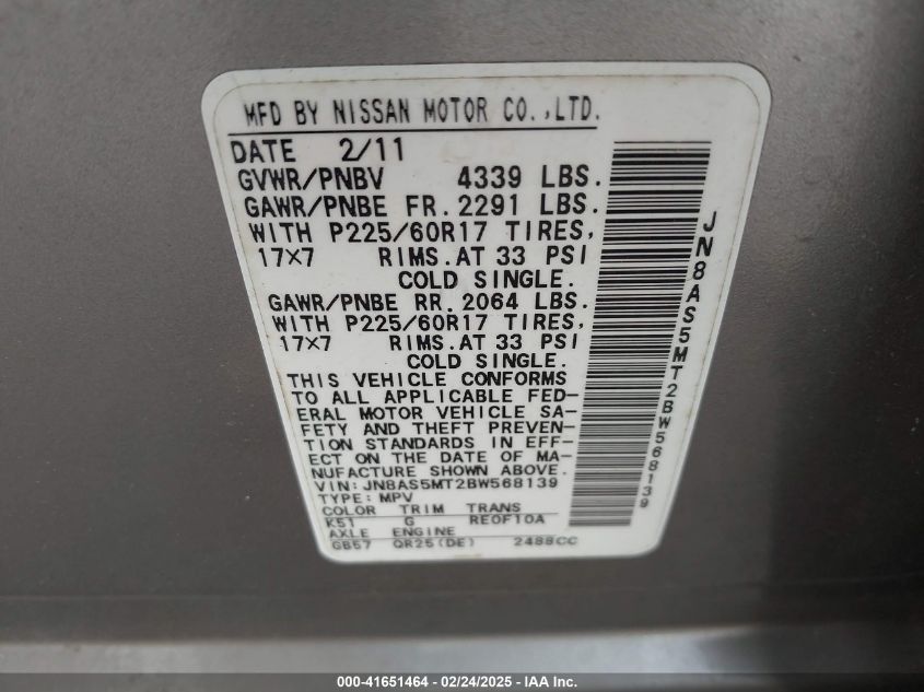 2011 Nissan Rogue Sv VIN: JN8AS5MT2BW568139 Lot: 41651464