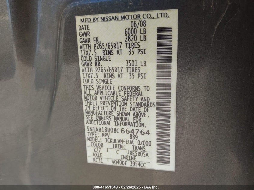 2008 NISSAN PATHFINDER VIN: 5N1AR18U08C664764