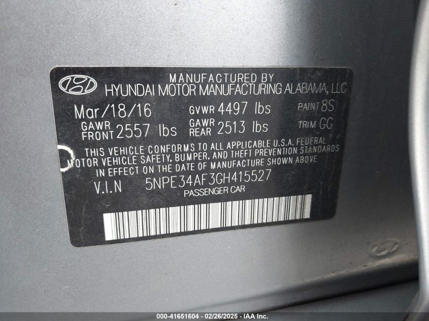 2016 Hyundai Sonata Sport VIN: 5NPE34AF3GH415527 Lot: 41651604