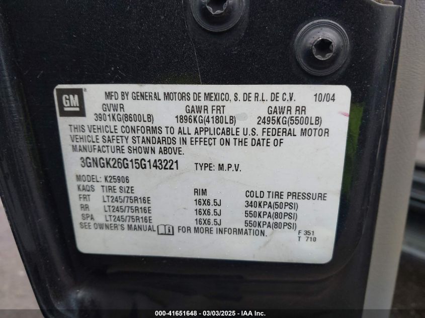 2005 Chevrolet Suburban 2500 Lt VIN: 3GNGK26G15G143221 Lot: 41651648