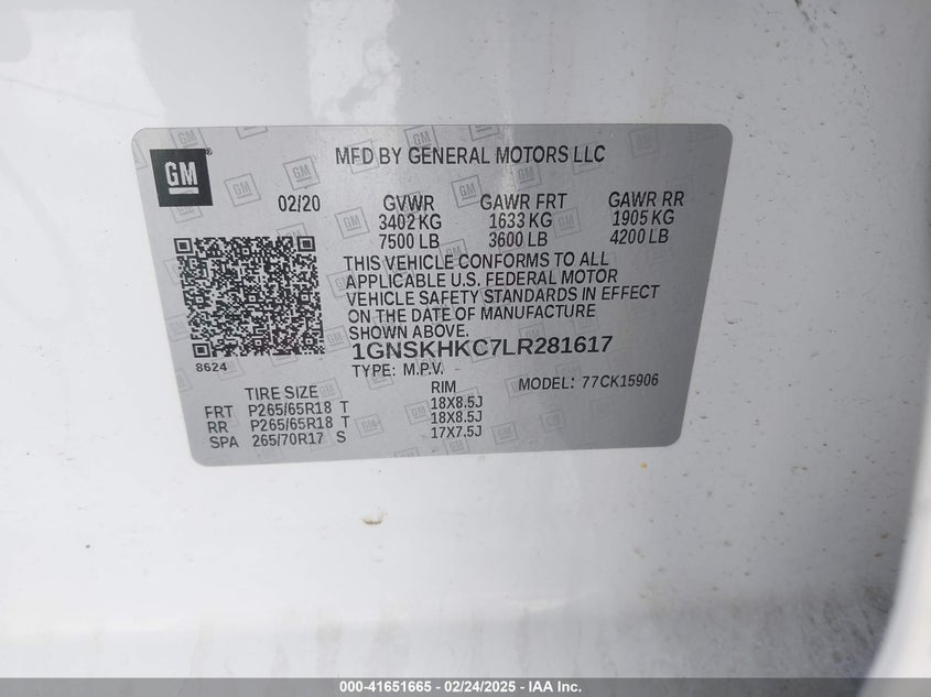 2020 CHEVROLET SUBURBAN 4WD LT - 1GNSKHKC7LR281617