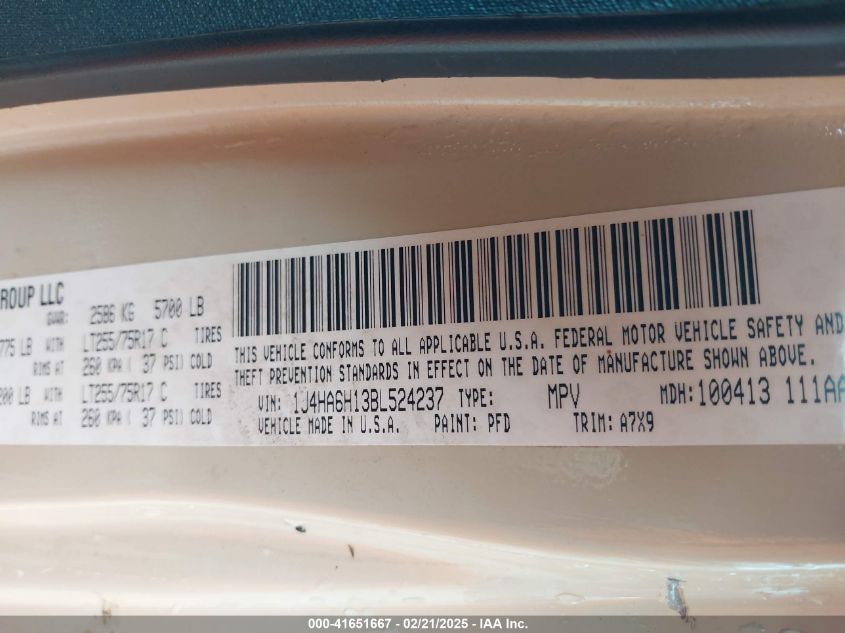 2011 Jeep Wrangler Unlimited Rubicon VIN: 1J4HA6H13BL524237 Lot: 41651667