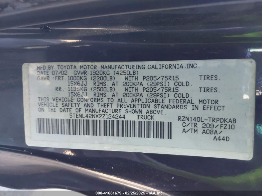 2002 Toyota Tacoma VIN: 5TENL42NX2Z124244 Lot: 41651679