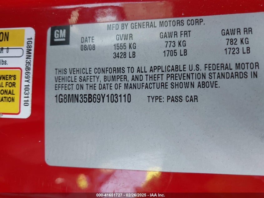 2009 SATURN SKY VIN: 1G8MN35B69Y103110