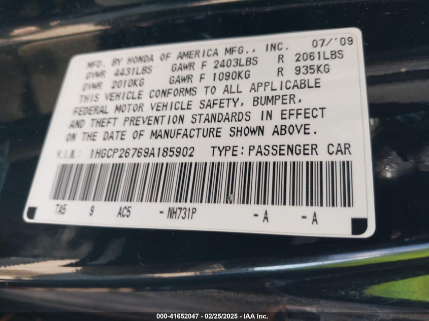 2009 HONDA ACCORD VIN: 1HGCP26769A185902