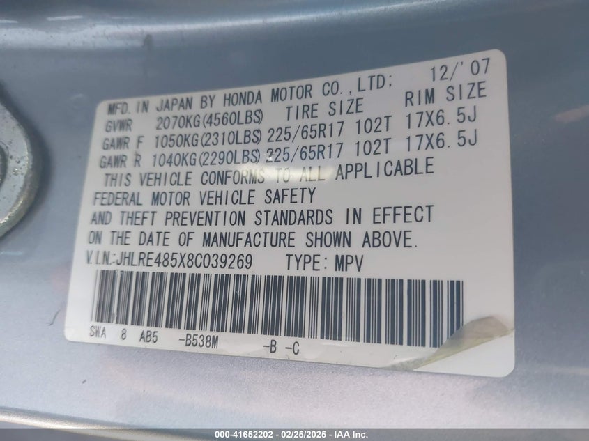 2008 HONDA CR-V VIN: JHLRE485X8C039269