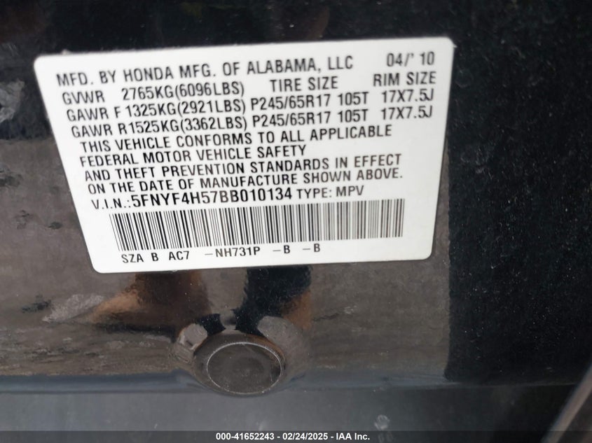 2011 HONDA PILOT VIN: 5FNYF4H57BB010134