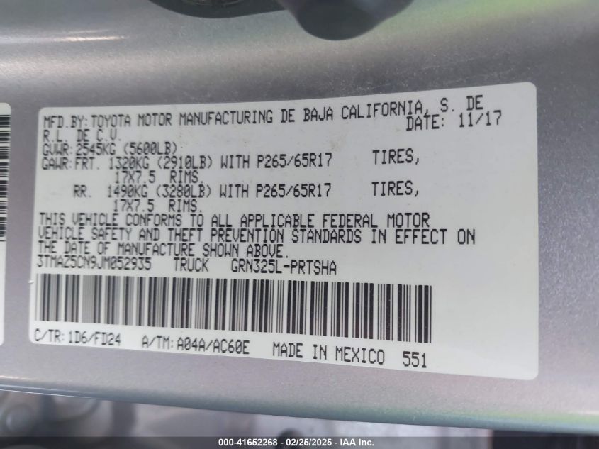 2018 Toyota Tacoma Trd Sport VIN: 3TMAZ5CN9JM052935 Lot: 41652268