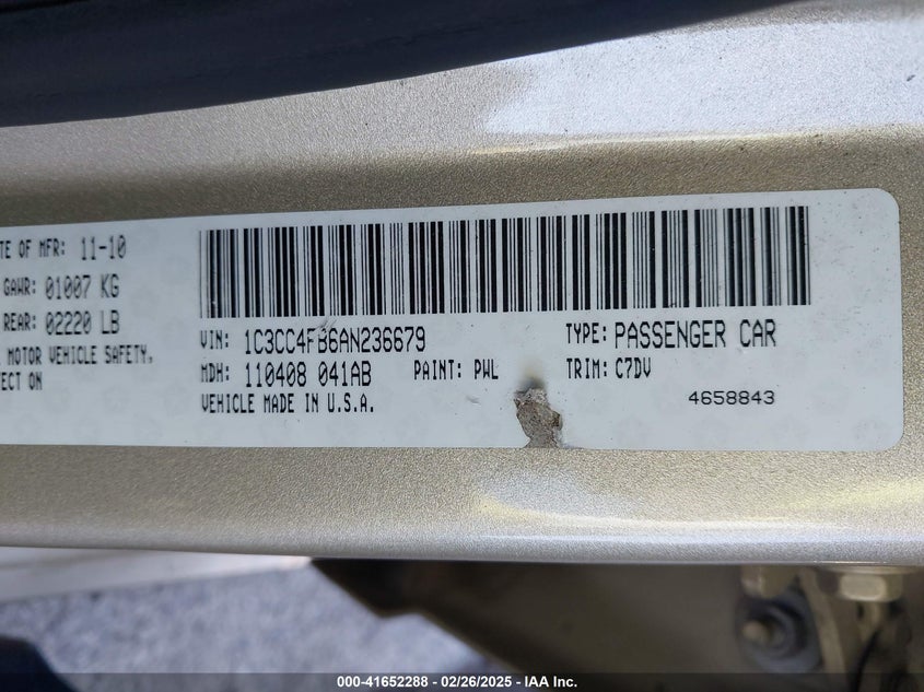 2010 CHRYSLER SEBRING VIN: 1C3CC4FB6AN236679