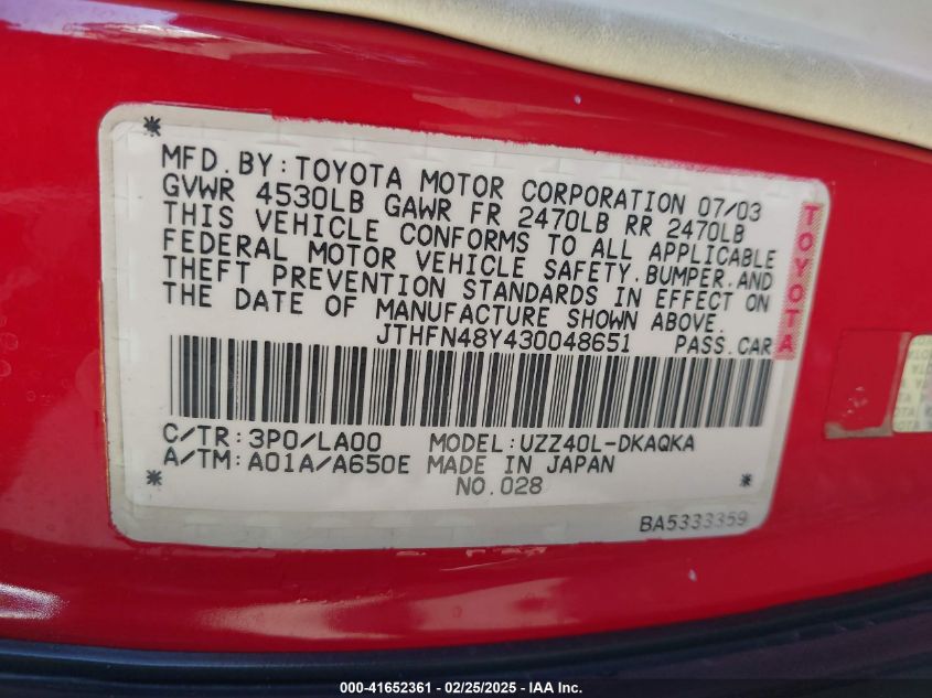 2003 Lexus Sc 430 VIN: JTHFN48Y430048651 Lot: 41652361