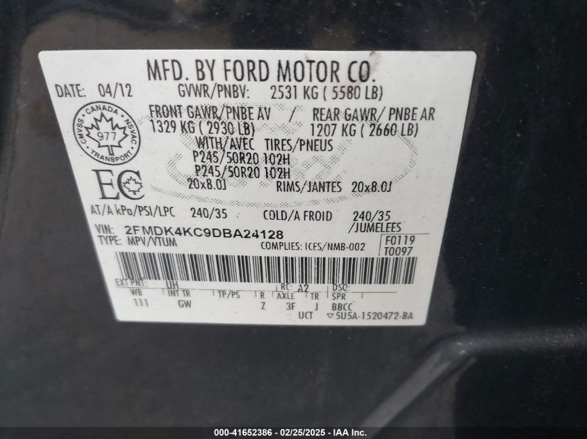 2013 Ford Edge Limited VIN: 2FMDK4KC9DBA24128 Lot: 41652386