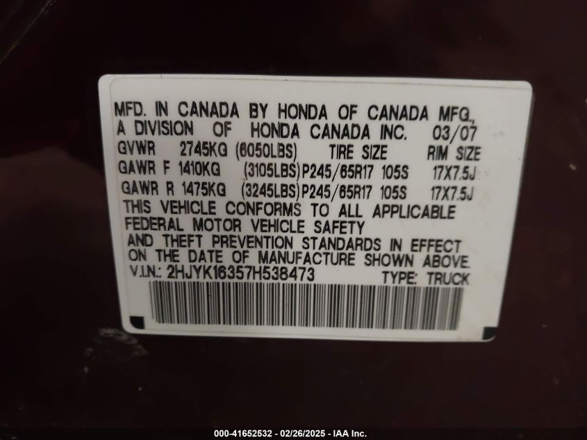 2007 Honda Ridgeline Rtx VIN: 2HJYK16357H538473 Lot: 41652532