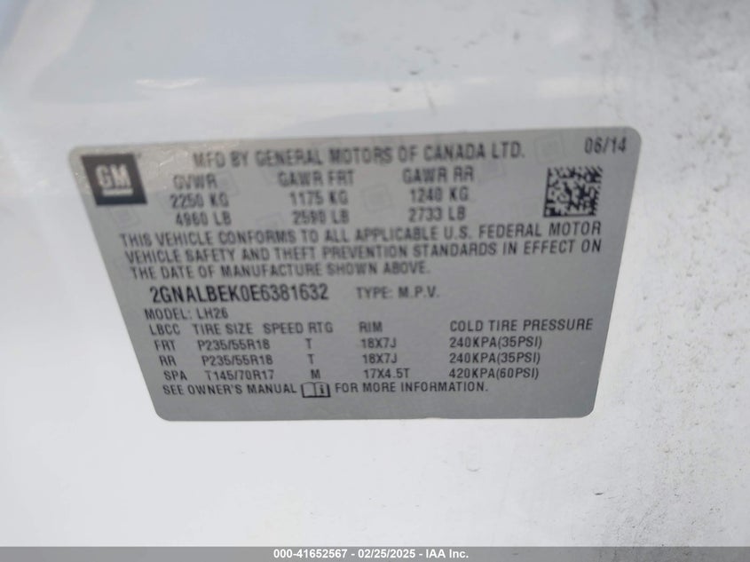 2014 CHEVROLET EQUINOX VIN: 2GNALBEK0E6381632