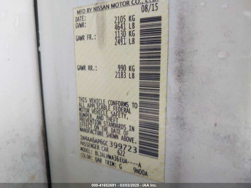 2016 Nissan Maxima 3.5 Platinum VIN: 1N4AA6AP6GC399723 Lot: 41652691