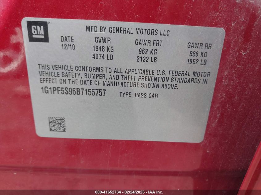 2011 Chevrolet Cruze 1Lt VIN: 1G1PF5S96B7155757 Lot: 41652734