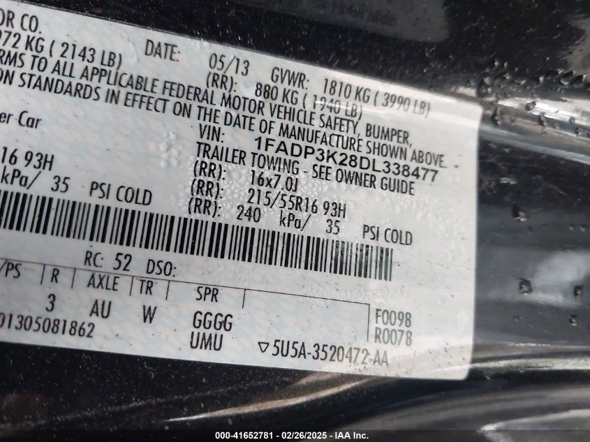 2013 Ford Focus Se VIN: 1FADP3K28DL338477 Lot: 41652781