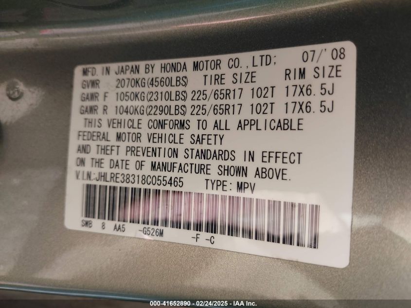 2008 Honda Cr-V Lx VIN: JHLRE38318C055465 Lot: 41652890