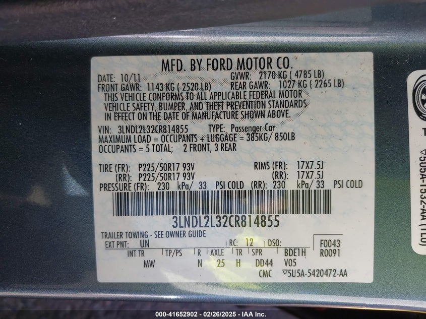 2012 LINCOLN MKZ HYBRID VIN: 3LNDL2L32CR814855