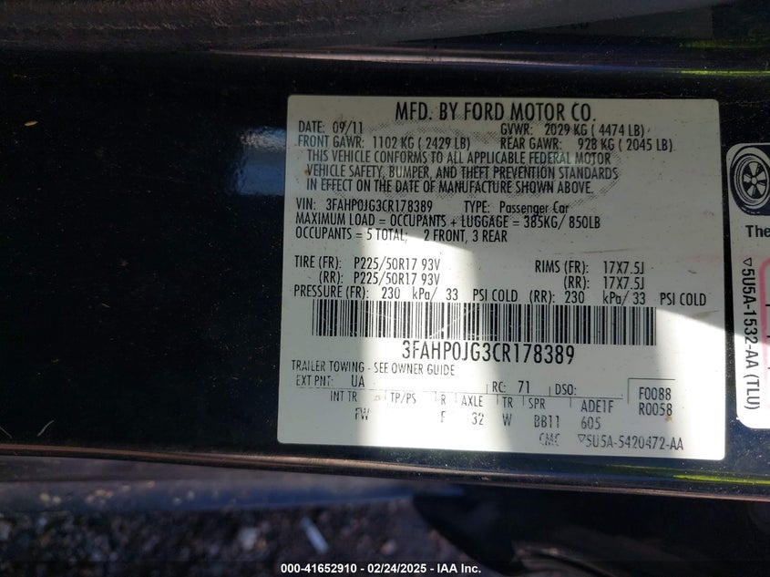 2012 FORD FUSION VIN: 3FAHP0JG3CR178389