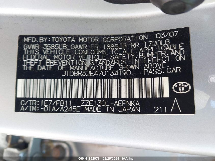 2007 Toyota Corolla Le VIN: JTDBR32E470134190 Lot: 41652976