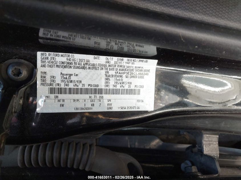 2012 Ford Focus S VIN: 1FAHP3E28CL468240 Lot: 41653011