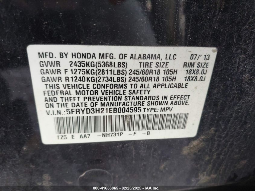 2014 Acura Mdx VIN: 5FRYD3H21EB004595 Lot: 41653065