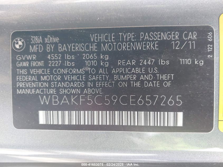 2012 BMW 328I xDrive VIN: WBAKF5C59CE657265 Lot: 41653075