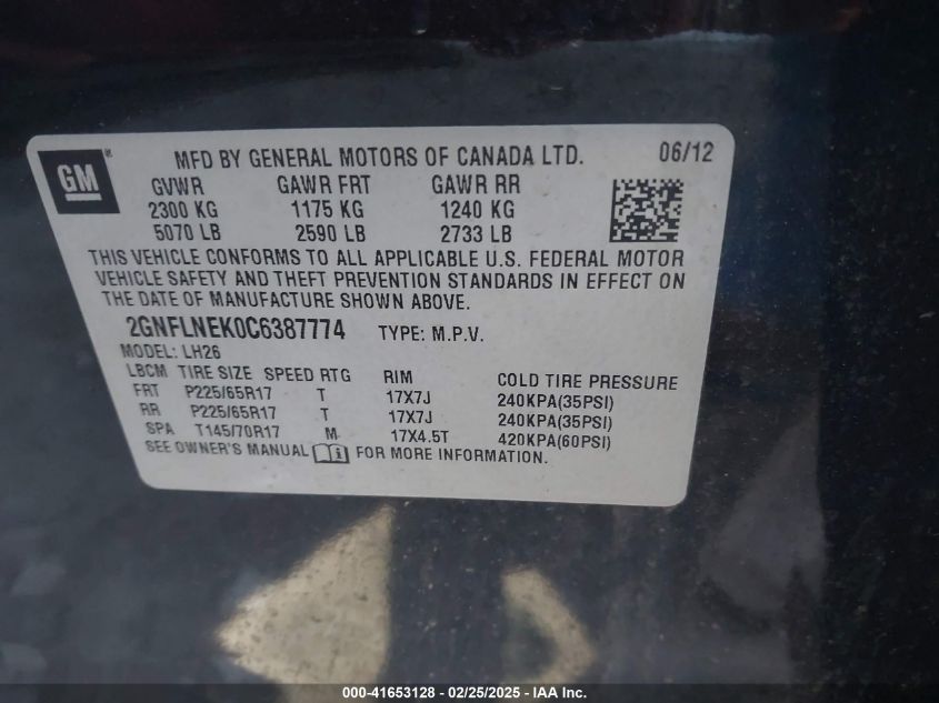 2012 Chevrolet Equinox 2Lt VIN: 2GNFLNEK0C6387774 Lot: 41653128