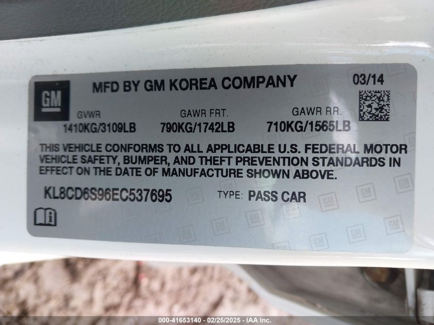 2014 Chevrolet Spark 1Lt Auto VIN: KL8CD6S96EC537695 Lot: 41653140